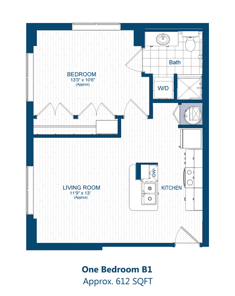 Floor plan for 1 bed, 1 bath, 612 sqft